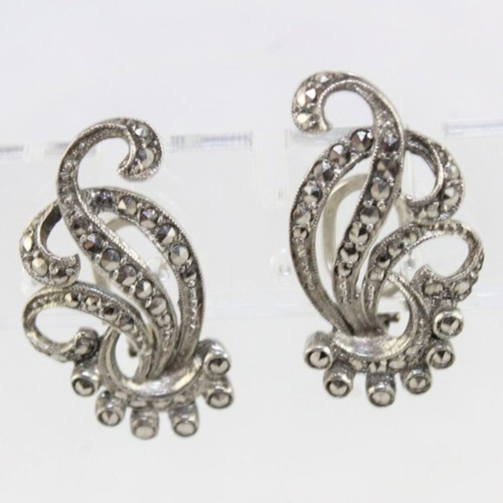 Vintage Sterling Silver Marcasite Clip On Earrings